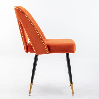 Set of 2 Velvet Upholstered Dining Chairs with Nailhead Trim and Gold-Tipped Black Metal Legs, Orange