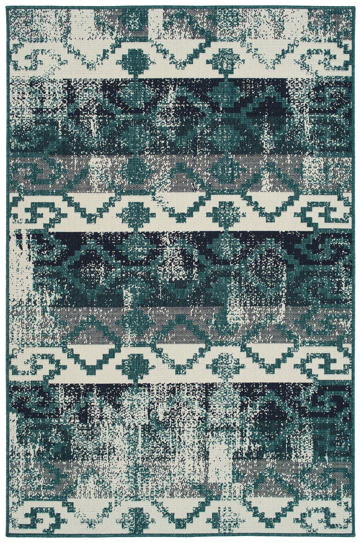 Geometric Throw Rug, 3'7 x 1'11, Polypropylene, Power-Loomed, Indoor/Outdoor, UV-Stabilized, Egypt Teal