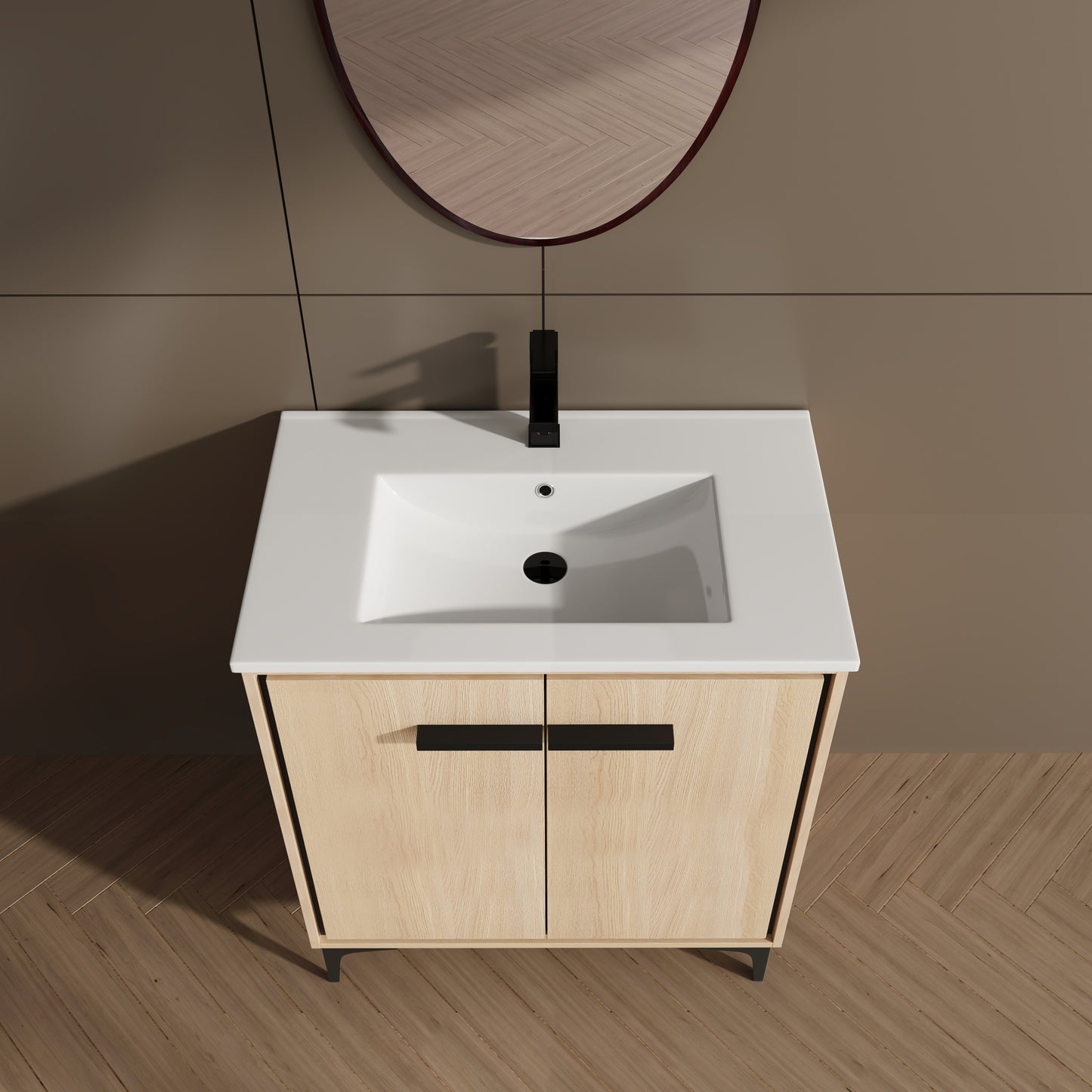 30-Inch Oak Bathroom Vanity Base with Ceramic Basin and Double Door Storage Cabinet