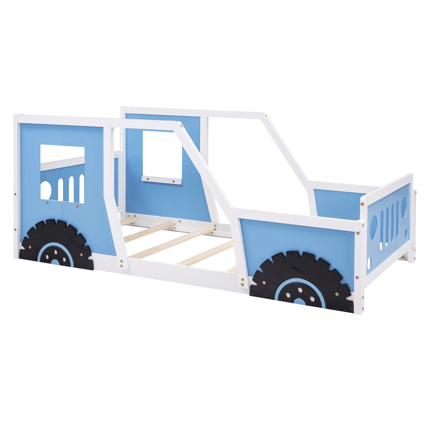 Blue Twin Size Car-Themed Platform Bed with Wheels