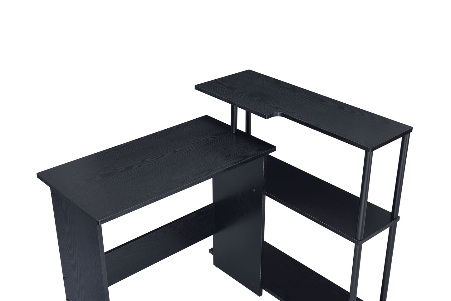 L-Shaped Black Writing Desk with Multi-Tiered Storage