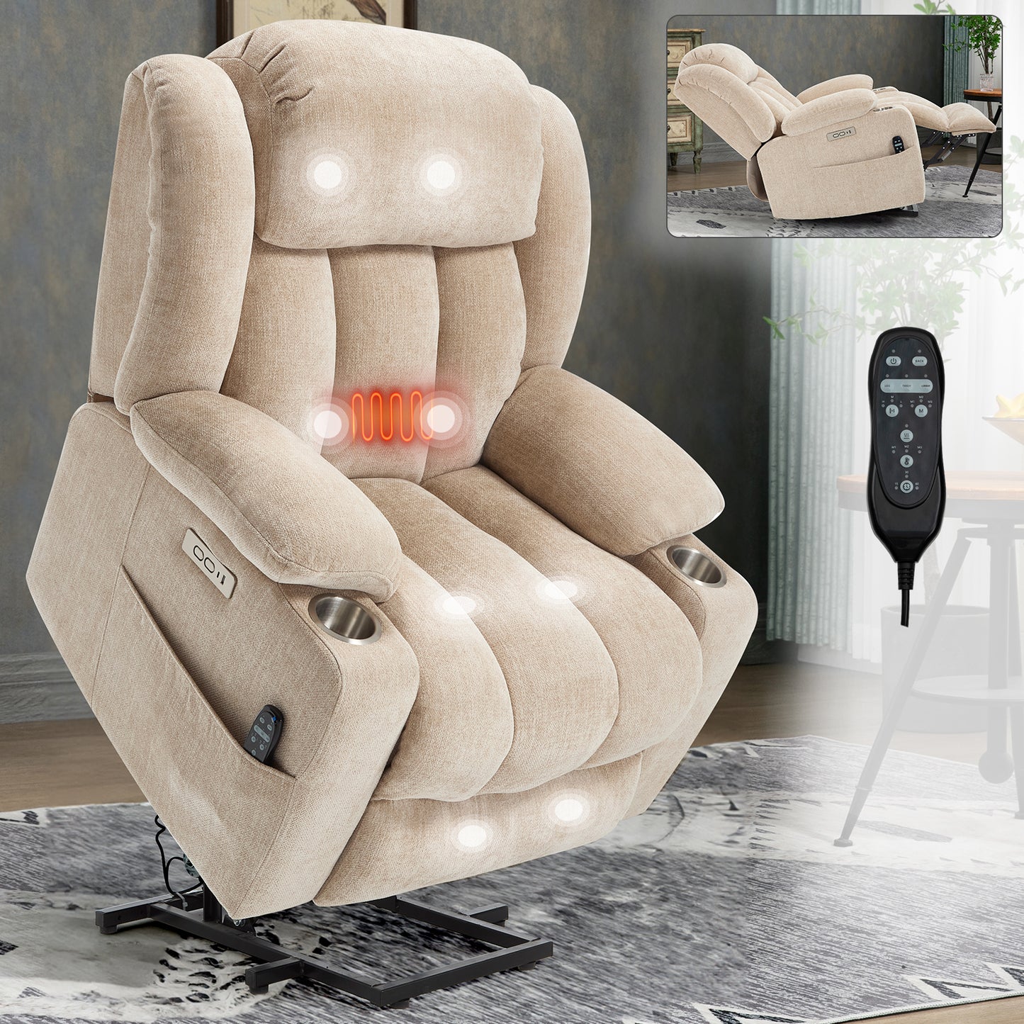 Power Lift Recliner Chair with 8-Point Massage, Lumbar Heat, USB-A & USB-C, Cup Holders, 350 LBS Beige