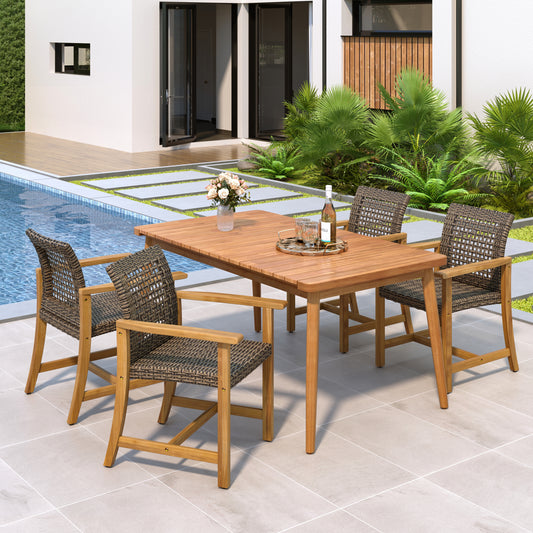 5-Piece Outdoor Patio Dining Set with 63in Slatted Table and 4 Acacia Wood & PE Rattan Chairs Brown Teak