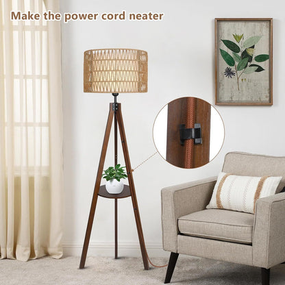 59-Inch Tripod Floor Lamp with Shelves, Wood Mid-Century Lamp with Rattan & Fabric Shades, On/Off Foot Switch, Brown