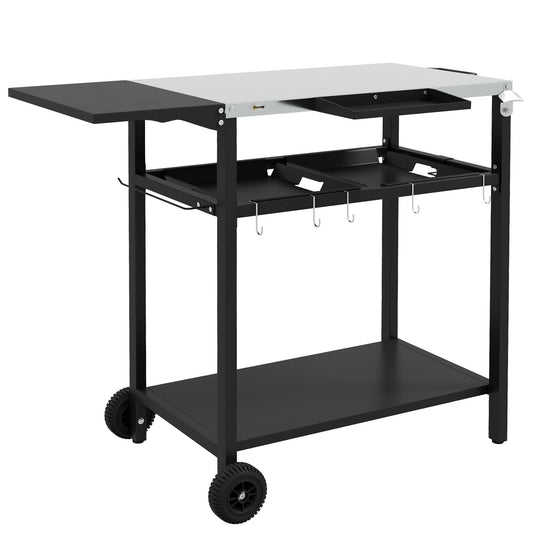 Outdoor Bar Cart With 48 Inch Stainless Steel Top, 2 Tiers, Wheels, Hooks And Seasoning Shelf, Patio Serving Cart Black