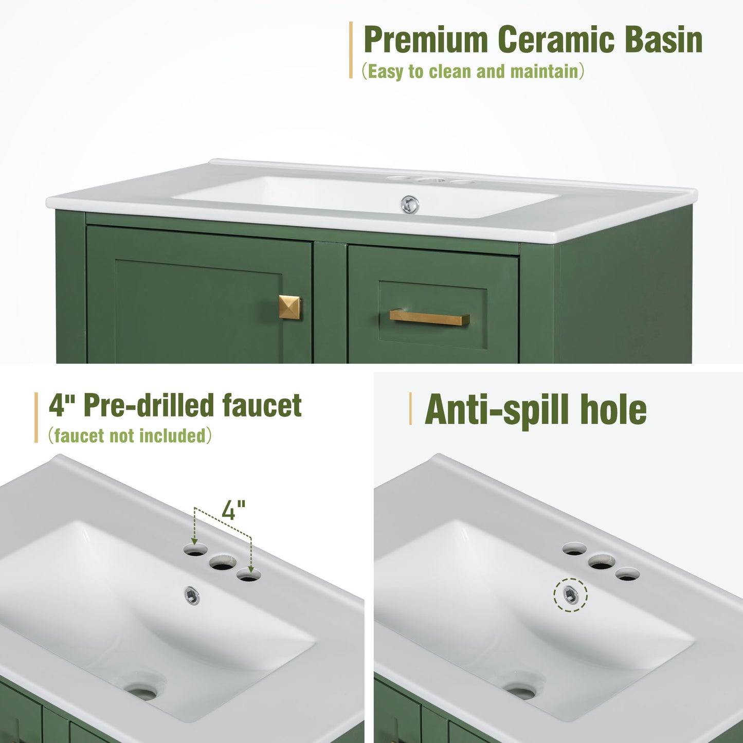 30" Stylish Green Bathroom Vanity with Soft-Close Doors and Sink Combo, Modern Cabinet Featuring 3 Spacious Drawers and Solid Wood Frame