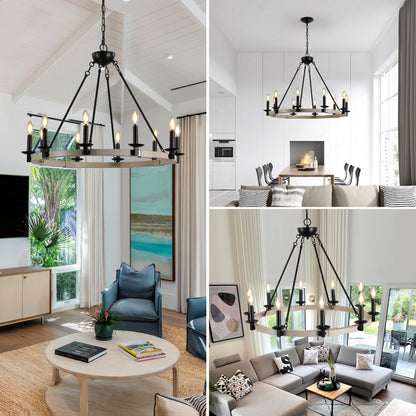 10-Light Rustic Farmhouse Round Chandelier for Dining, 31.5-in Dia, Iron & Wood, E12 Base - Matte Black