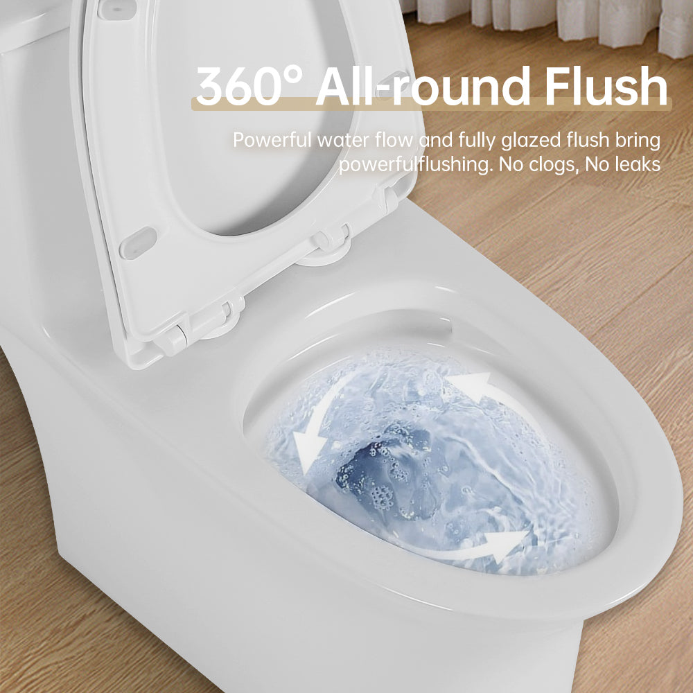 Comfort Height Elongated One-Piece Toilet with Dual-Flush System, CUPC & WaterSense Certified, White Ceramic, Soft Close Seat T039WT