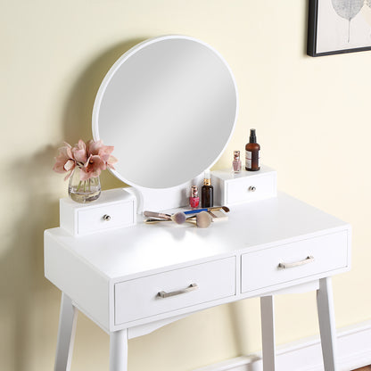 Contemporary Wood Vanity and Stool Set for Bedroom or Dressing Area with Drawer Storage, Modern Style, White