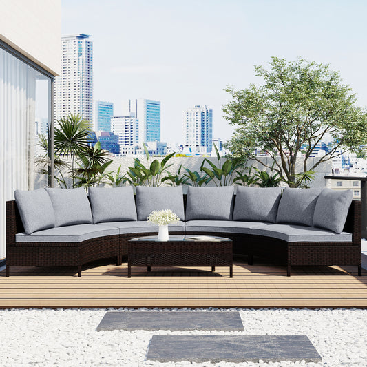 5 Piece All Weather Rattan Wicker Half Moon Sectional Sofa Set With Tempered Glass Table For Patio Gray