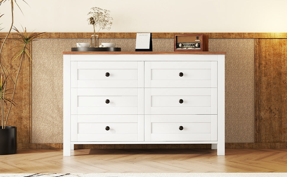 Chic Vintage-Inspired 6-Drawer Wooden Dresser with Rustic Charm for Bedroom - White & Brown