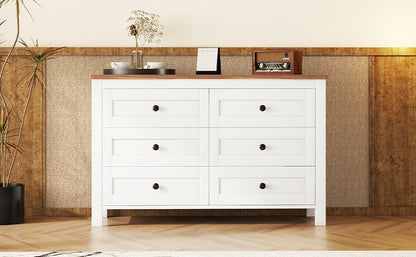Chic Vintage-Inspired 6-Drawer Wooden Dresser with Rustic Charm for Bedroom - White & Brown