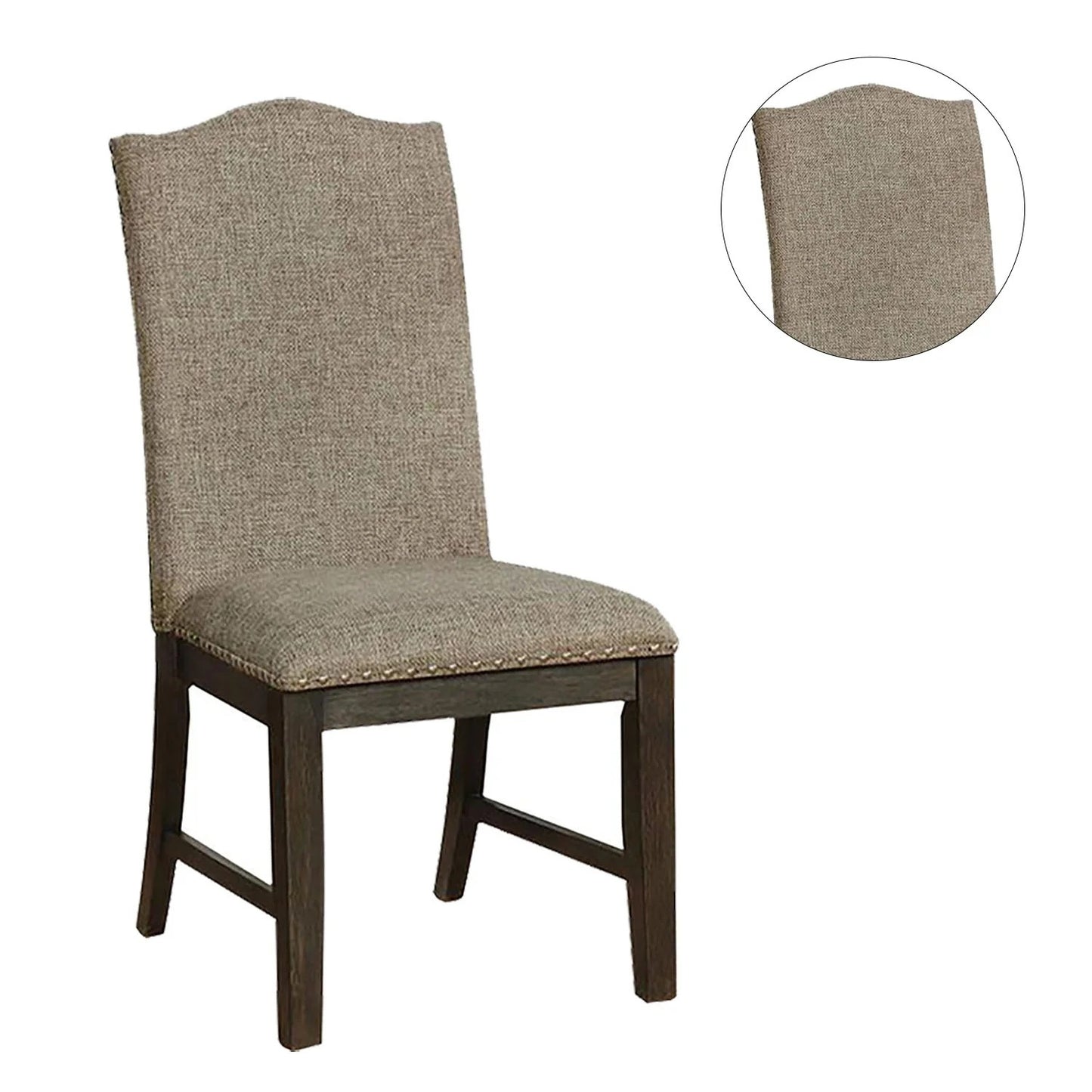 Set of 2 Modern Rustic Dining Chairs, Fabric Upholstered, Nailhead Trim, Rubberwood, Espresso