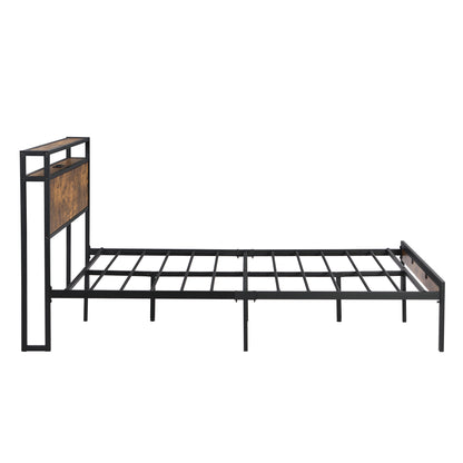 Elegant Queen Size Metal Platform Bed Frame with Wooden Accents, USB Charging, No Box Spring Needed, Spacious Under-Bed Storage, Quick Assembly