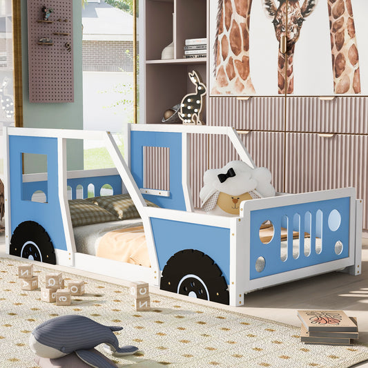 Blue Twin Size Car-Themed Platform Bed with Wheels