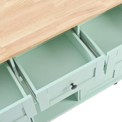 Mint Green Kitchen Island Cart with Drop-Leaf Rubberwood Top, Storage Cabinet, and 3 Drawers on Wheels