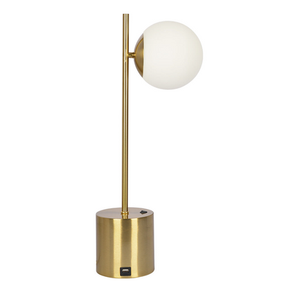 Ethereal Modern Small Brass Table Lamp with White Glass Globe Shade, 22in Tall, Brass Finish
