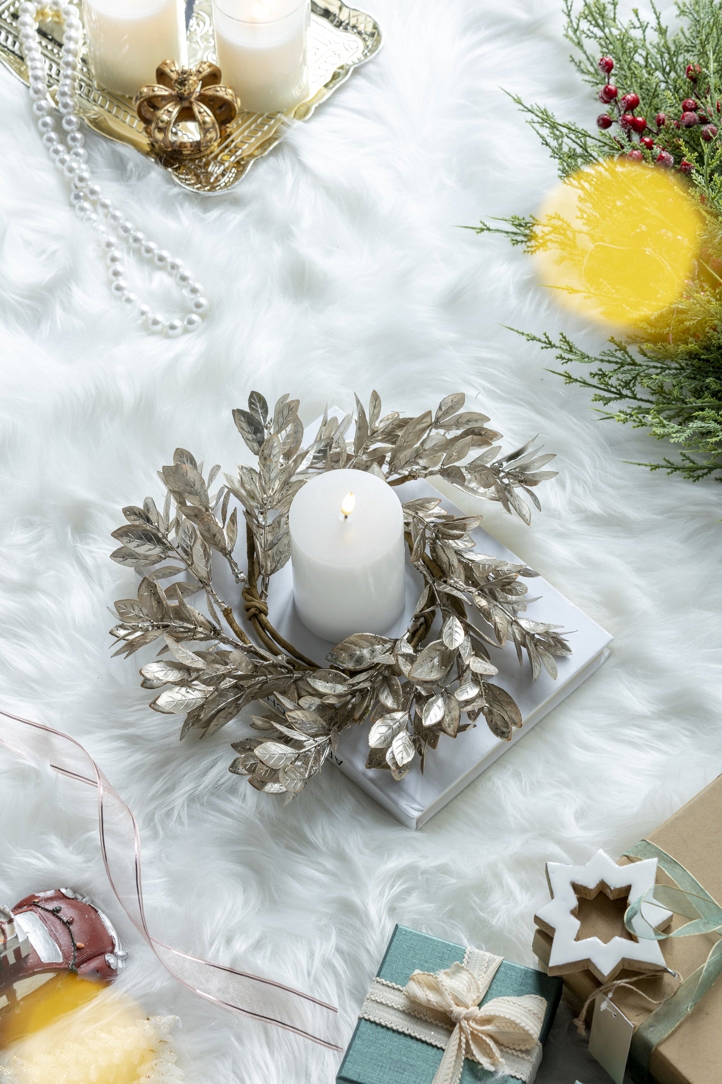 Set of 6 12-Inch Boxwood Candle Ring Wreaths for Table Centerpiece Displays Plastic Wire-Core Champagne Gold