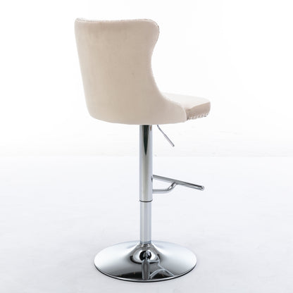 Swivel Velvet Bar Stools Adjustable Height Beige Chrome Base