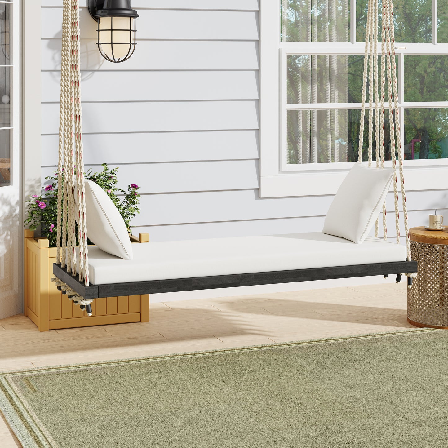 Acacia Wood Outdoor Swing Chair For Patio Two Person Hanging Bench With Cushions And Pillows 10.8 Ft Hemp Rope Brown