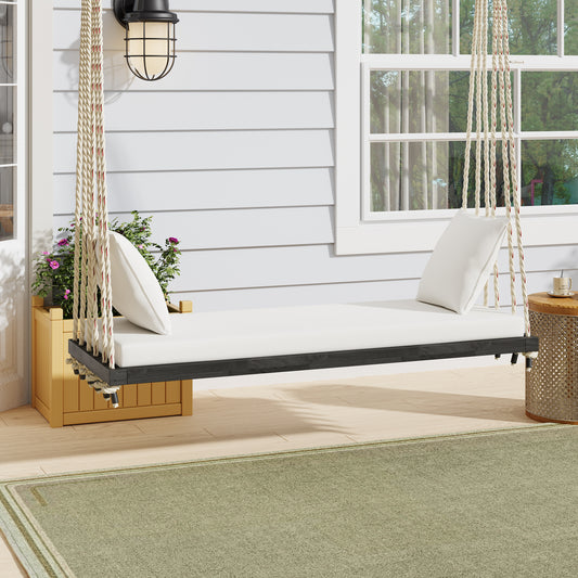 Acacia Wood Outdoor Swing Chair For Patio Two Person Hanging Bench With Cushions And Pillows 10.8 Ft Hemp Rope Brown