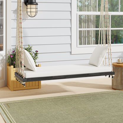 Patio Wooden Hanging Swing Chair For Garden Two Person Porch Swing With Cushions Acacia Wood 10.8 Ft Hemp Rope Brown