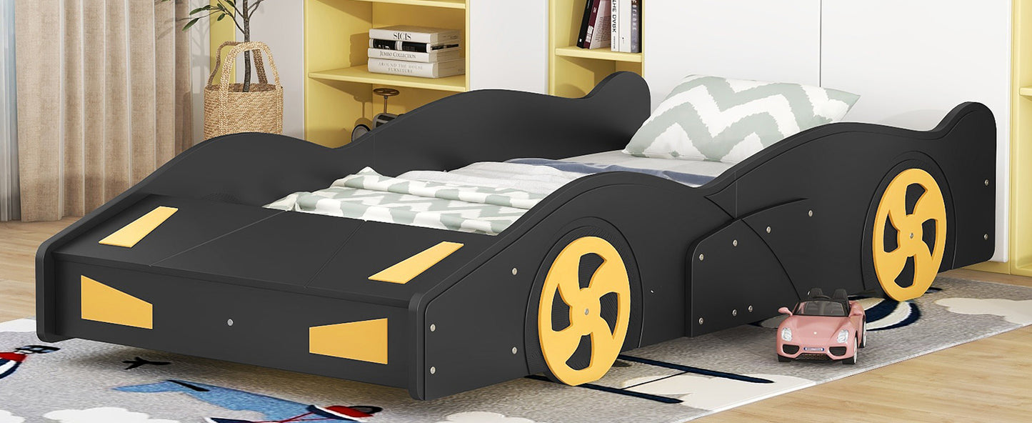 Twin Size Race Car Platform Bed with Storage and Wheels in Black and Yellow