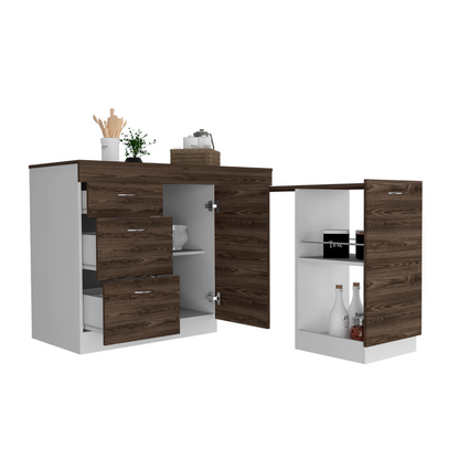 Modern Grecia Kitchen Base Cabinet with Three Drawers and Two Shelves - White & Dark Walnut