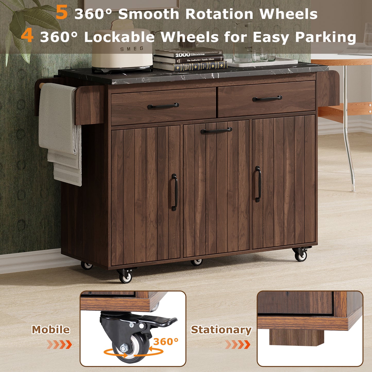 Walnut Brown Rolling Kitchen Island with Drop Leaf, Trash Can Storage, Spice & Towel Racks, and Adjustable Shelves