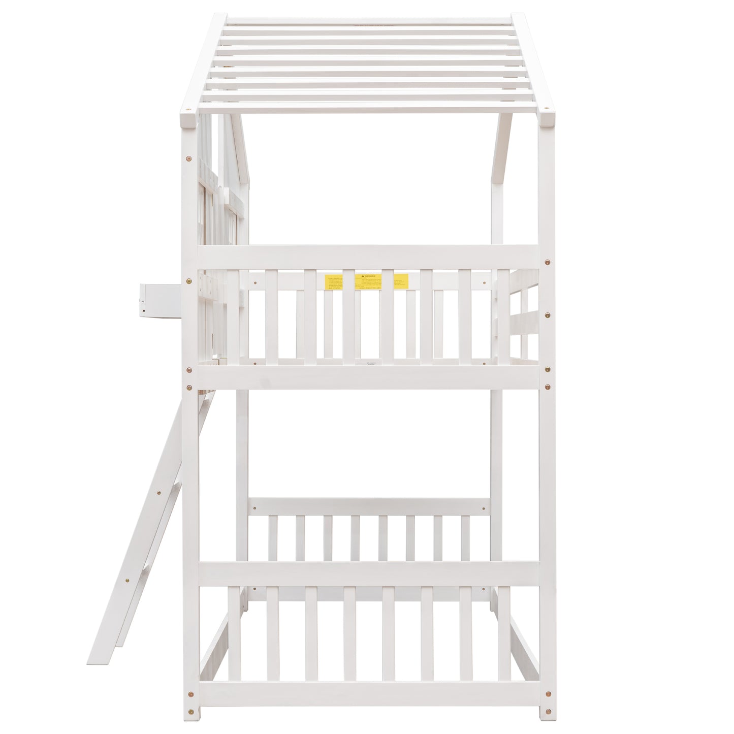 Charming Twin Over Twin House Bunk Bed with Roof and Window Features, Safety Guardrails and Ladder, White