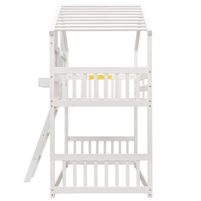 Charming Twin Over Twin House Bunk Bed with Roof and Window Features, Safety Guardrails and Ladder, White