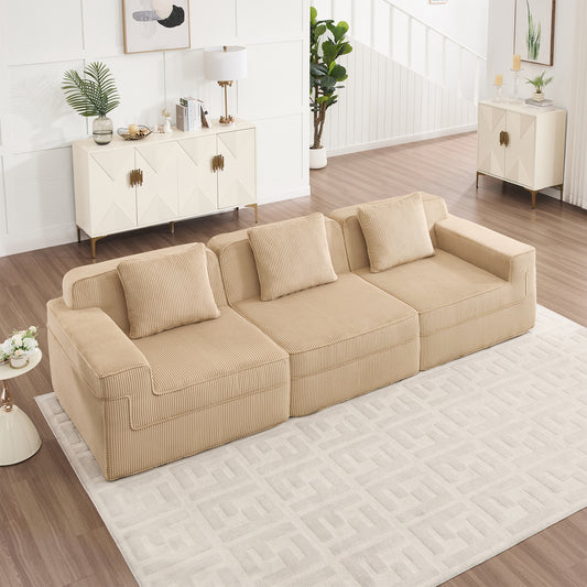 Three-Seat Modular Boneless Sofa Cloud Sectional Deep Seats, Corduroy Fabric, Throw Pillows Camel
