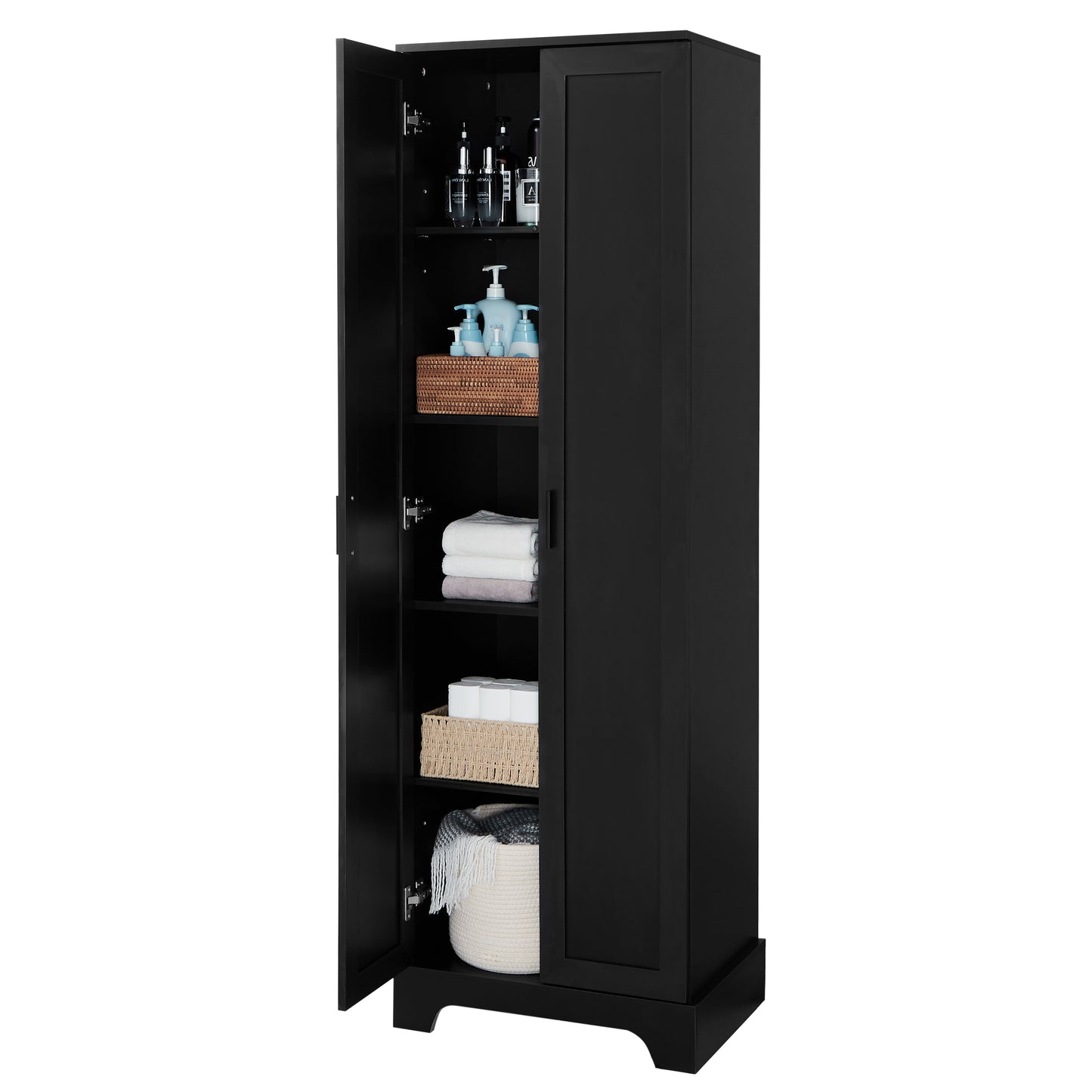 Elegant Black Storage Cabinet with Adjustable Shelves for Bathroom and Office