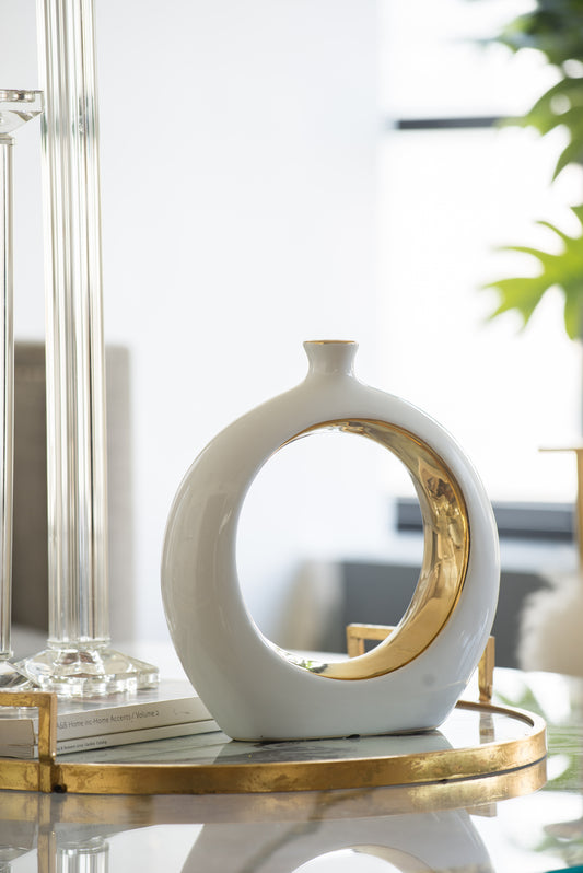 Ceramic Round Vase, 11x3.1x12 in, Contemporary Centerpiece with Narrow Neck, Tabletop, Mantel White/Gold
