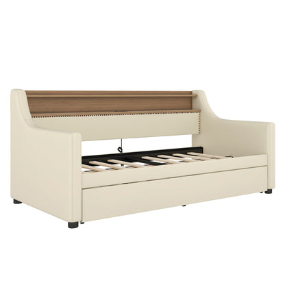 Beige Twin Size Upholstered Daybed with Trundle, USB Charging Station & LED Lighting