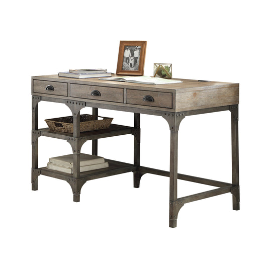 Industrial-Style 3-Drawer Writing Desk in Weathered Oak and Antique Silver