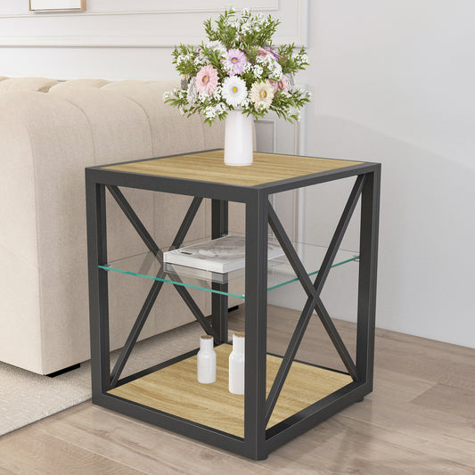 Modern Industrial End Table with Tempered Glass Top, 3-Tier Storage, Bedroom or Living Room Natural Wood