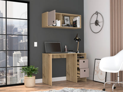 Light Oak and Taupe Modern Office Duo with Shelves and Drawers