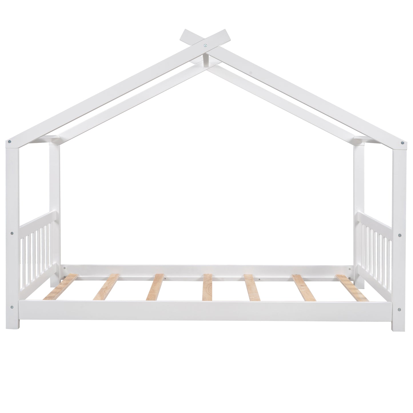 Whimsical Twin House Bed with Roof, Headboard & Footboard - White
