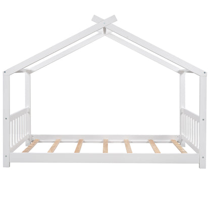 Whimsical Twin House Bed with Roof, Headboard & Footboard - White