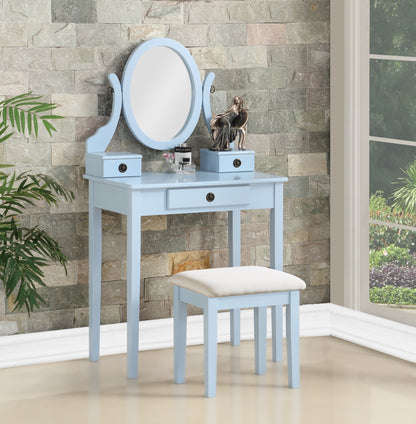 Wood Makeup Vanity Table and Stool Set for Bedroom, Contemporary Style, Space-Saving Design Blue