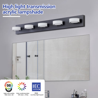 LED 5-Light Vanity Light Fixture for Over-Mirror Bath Wall, 37in Long, Modern Iron & Acrylic Black