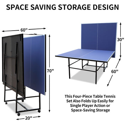 9ft Foldable Indoor Table Tennis Table with Net, 2 Paddles & 3 Balls, 12mm MDF, Quick Assembly Blue