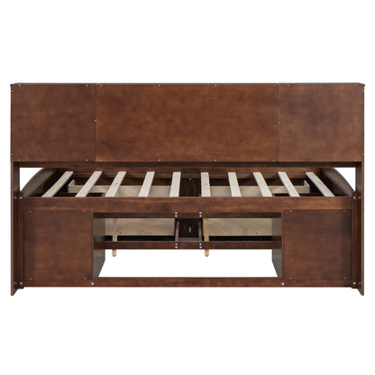 Elegant Antique Brown Full Size Wooden Captain Bed with Ample Storage and Built-in Shelves