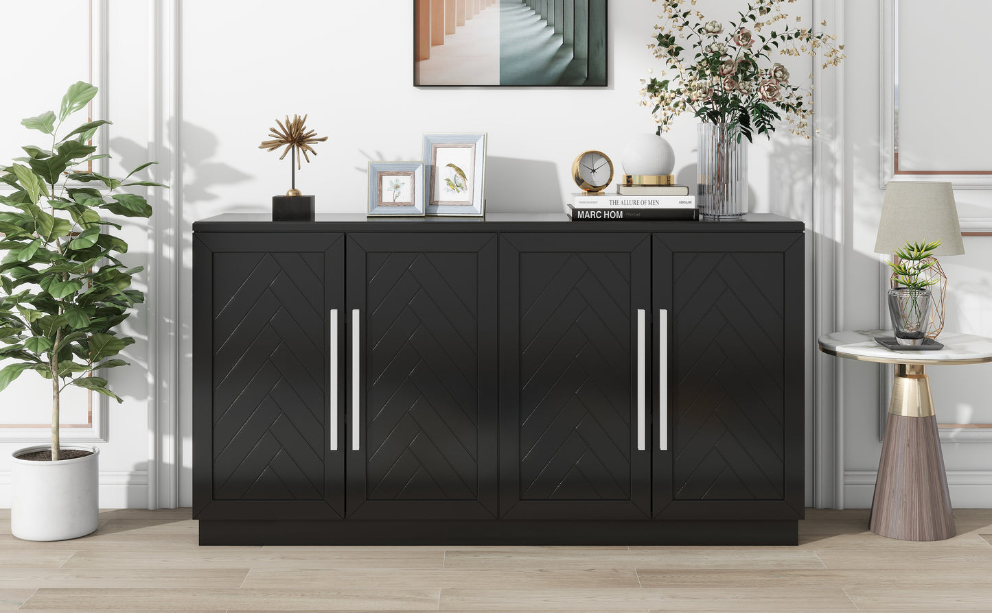 TREXM Sideboard with 4 Doors Large Storage Space Buffet Cabinet with Adjustable Shelves and Silver Handles for Kitchen, Dining Room, Living Room (Black)