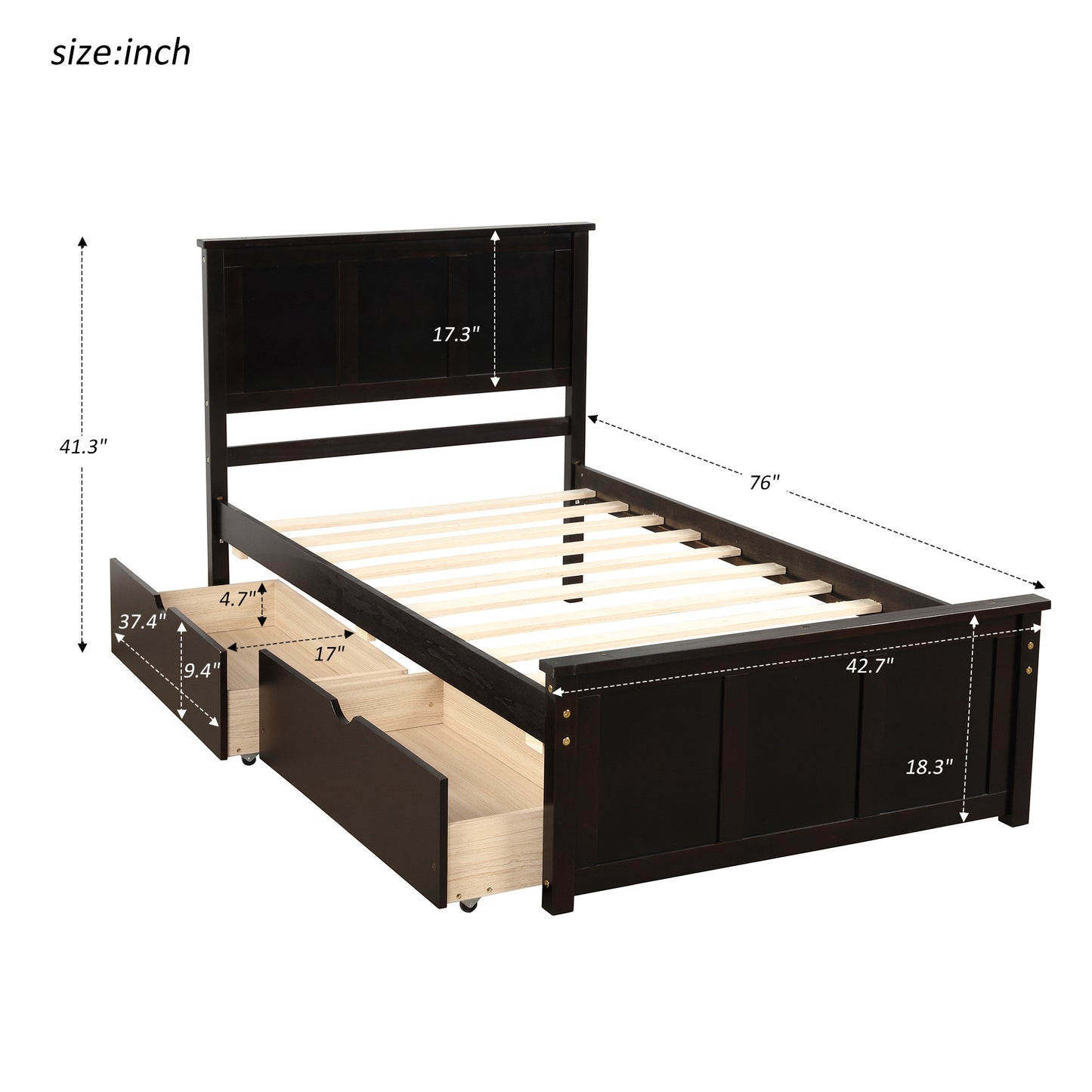 Espresso Twin Size Platform Bed with Dual Under-Bed Drawers on Wheels