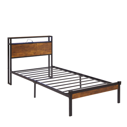Twin Size Metal Bed Frame with Wooden Headboard, LED Lights, USB Ports, and Ample Under Bed Storage - Easy Assembly, No Box Spring Required