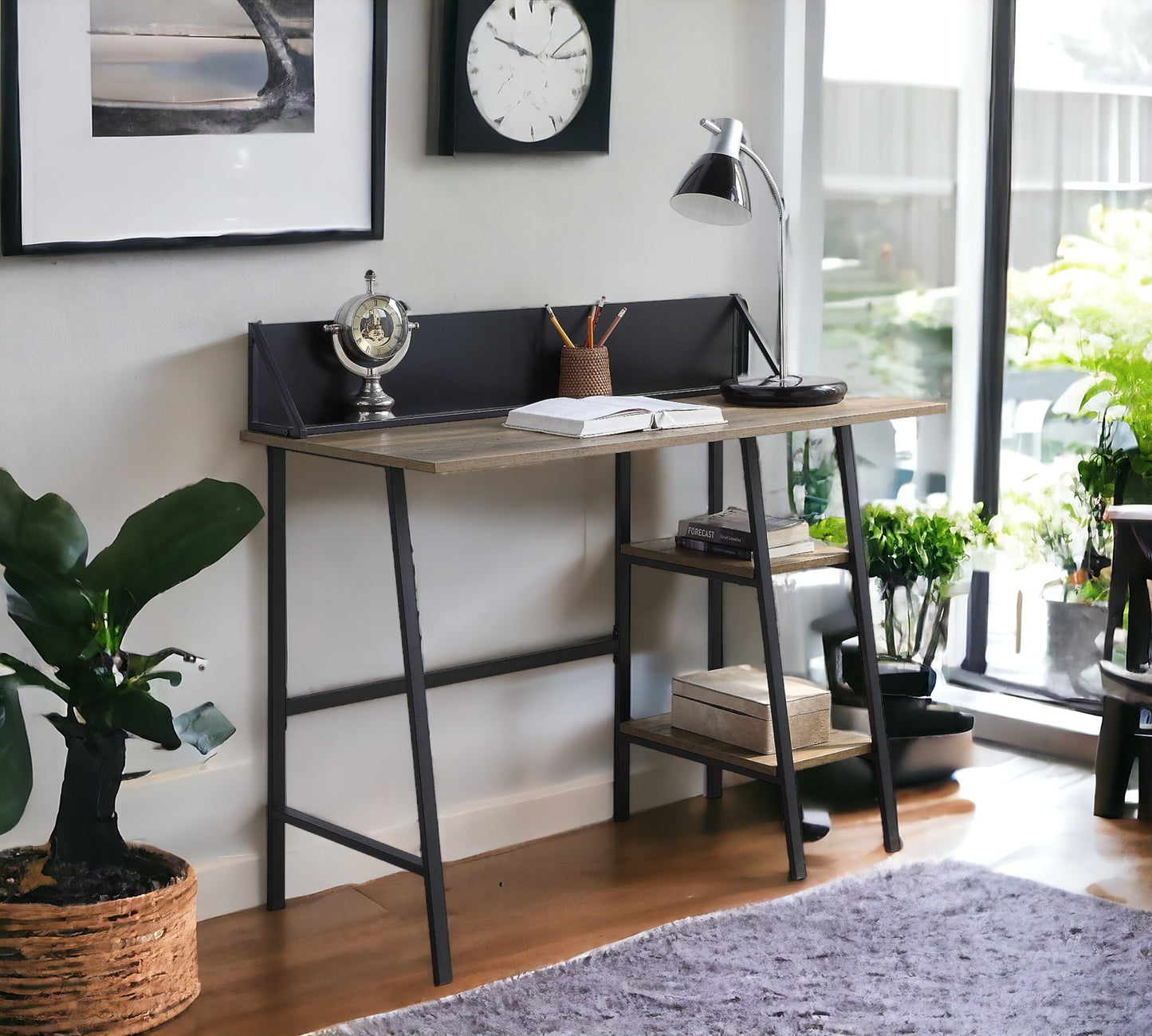 Modern Rustic Oak Writing Desk with Black Metal Legs and Storage Shelves