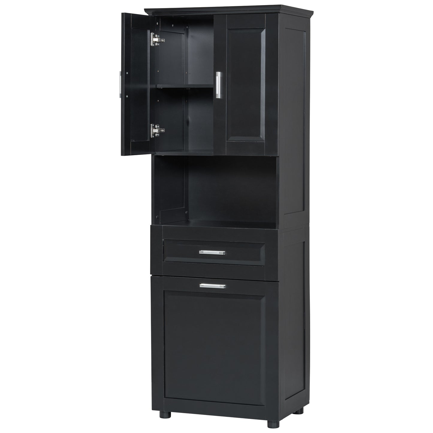 Stylish Tall Black Bathroom Storage Cabinet with Removable Laundry Basket and Ample Organizing Space