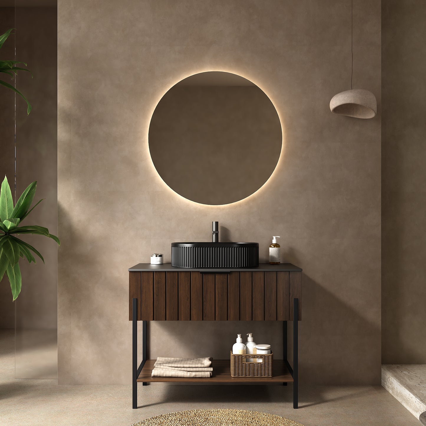 Modern ZENO 36" Freestanding Bathroom Vanity with Black Ceramic Vessel Sink and Dark Walnut Storage Cabinet